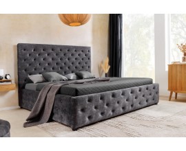 Moderní tmavá šedá sametová manželská postel Kreon s úložným prostorem a prošíváním s knoflíky v chesterfield stylu 200 cm