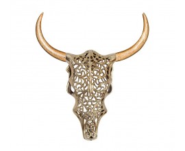 Designová moderní zlatá nástěnná dekorace Bull ve tvaru býčí lebky s ornamentálním zdobením a hnědými dřevěnými rohy 60 cm