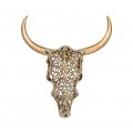 Moderní orientální nástěnná dekorace Bull ve tvaru býčí lebky z kovu ve zlaté barvě s ornamentálním florálním zdobením s rohy z mangového dřeva v naturálním hnědém provedení