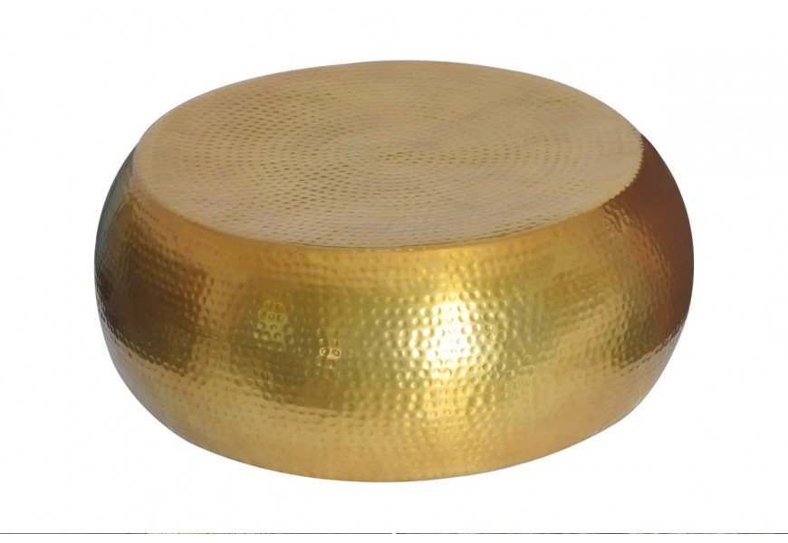 Etno glamour zlatý konferenční stolek Hammerblow z kovu v lesklém zlatém provedení s vybíjeným bodovým zdobením se vzorem kružnic