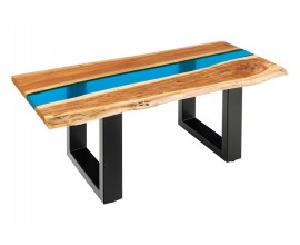 Designový masivní obdélníkový konferenční stolek Aquila s hnědou akací deskou s modrým epoxidovým pruhem 110 cm