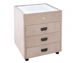 Moderní designový čalouněný noční stolek Aluro se čtvercovou bílou vrchní deskou s LED podsvícení s měnitelnou barevností se třemi zásuvkami se sametovým potahem v béžové barvě se čtyřmi černými nožičkami