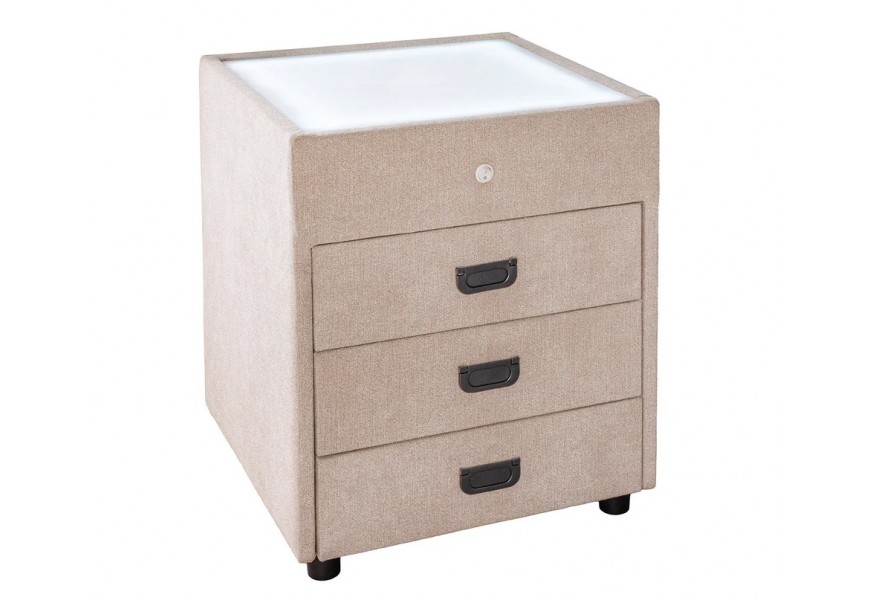 Moderní designový čalouněný noční stolek Aluro se čtvercovou bílou vrchní deskou s LED podsvícení s měnitelnou barevností se třemi zásuvkami se sametovým potahem v béžové barvě se čtyřmi černými nožičkami