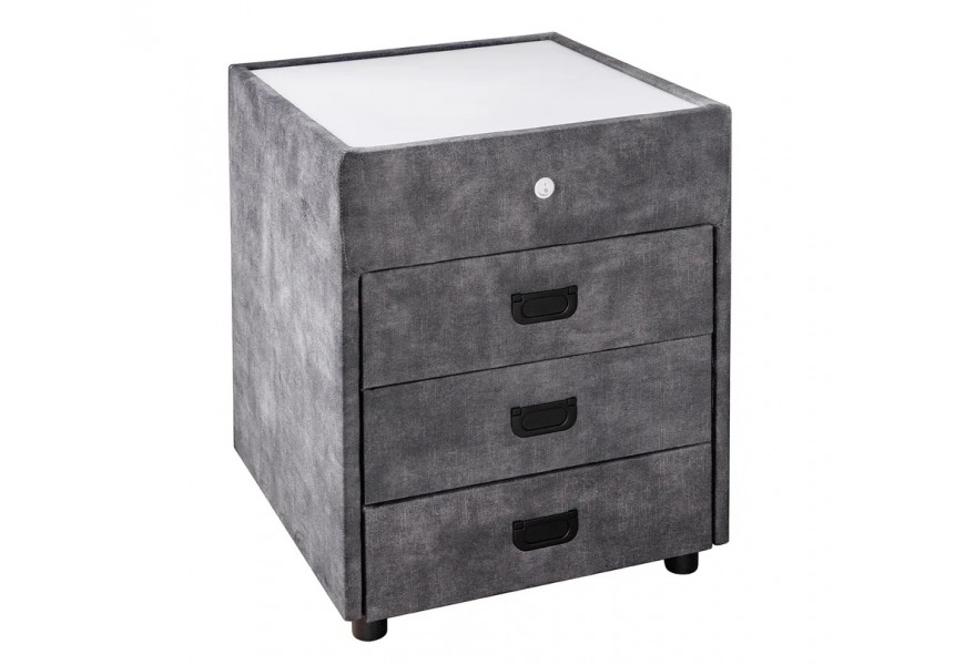 Moderní designový čtvercový šedý noční stolek Aluro se sametovým potahem se třemi zásuvkami a černými nízkými nožičkami s bílou vrchní deskou s LED podsvícením