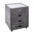 Moderní designový čtvercový šedý noční stolek Aluro se sametovým potahem se třemi zásuvkami a černými nízkými nožičkami s bílou vrchní deskou s LED podsvícením
