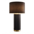 Designová glamour stolní lampa Draconia s černým válcovitým textilním stínítkem a keramickou nohou v černé barvě s plastickým reliéfem se vzorem čtverců s kovovými detaily ve zlaté barvě