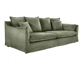 Modern&iacute; skandin&aacute;vsk&aacute; zelen&aacute; sedačka Heaven pro tři osoby s potahem z kordu s v&yacute;razn&yacute;m pro&scaron;&iacute;v&aacute;n&iacute;m s n&iacute;zk&yacute;mi čern&yacute;mi nožičkami a osmi opěrkov&yacute;mi pol&scaron;t&aacute;ři