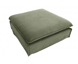 Moderní skandinávská taburetka Heaven čtvercového tvaru s nízkými černými nožičkami se sedacím polštářem s kordovým potahem v zelené barvě