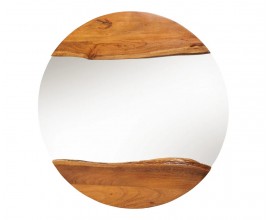 Moderní venkovské kulaté závěsné zrcadlo Mammut s rámem ve vrchní a spodní části z masivního akáciového dřeva v naturální medové hnědé barvě s asymetrickou hranou s live edge designem