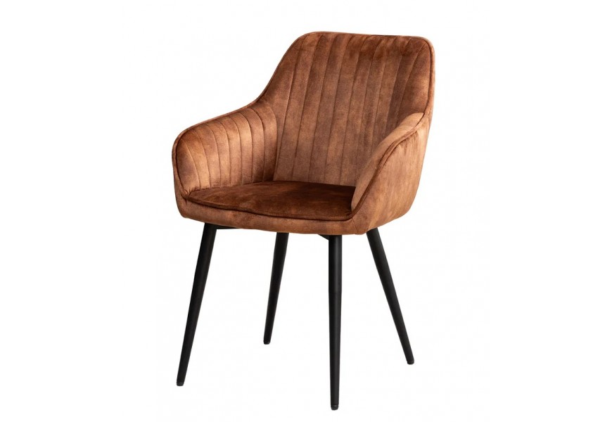 Designové moderní hnědé jídelní křeslo Vittel se sametovým potahem s vertikálním prošíváním s opěrkami na ruce se čtyřmi černými nožičkami z kovu