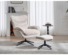 Moderní skandinávské čalouněné křeslo Velly s žinylkovým texturovaným potahem ve světlé krémové barvě a podstavou z kovu v černé barvě se čtyřmi rameny a chromovým detailem