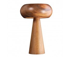 Designová kulatá masivní stolní lampa Fungi z akáciového dřeva v hnědé barvě s oblým stínítkem a kuželovou podstavou 37 cm