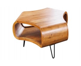 Industriální masivní atypický konferenční stolek Spin z akáciového dřeva v hnědé barvě s policí a černými nožičkami 70 cm