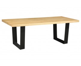 Designový industriální obdélníkový jídelní stůl Dias s vrchní deskou z dubové dýhy v naturální světle hnědé barvě s přirozenou kresbou letokruhů se dvěma nohama z kovu v matné černé barvě ve tvaru U s plochým profilem