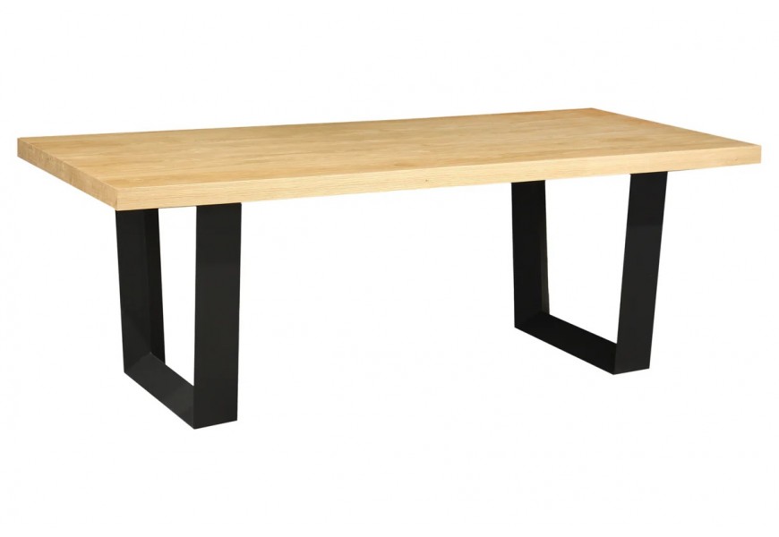 Designový industriální obdélníkový jídelní stůl Dias s vrchní deskou z dubové dýhy v naturální světle hnědé barvě s přirozenou kresbou letokruhů se dvěma nohama z kovu v matné černé barvě ve tvaru U s plochým profilem