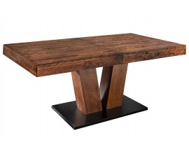 Masivní moderní obdélníkový jídelní stůl Sawyer ze dřeva v tmavě hnědé barvě s rustikální patinovanou povrchovou úpravou s rozkládací deskou se dvěma mohutnými zešikmenými nohami na obdélníkové podstavě v černé barvě