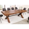 Venkovský vintage obdélníkový jídelní stůl Sawyer s překříženýma nohama v rustikálním tmavém hnědém provedení 210 cm