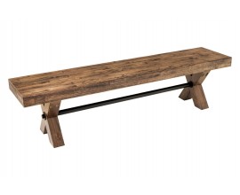 Vintage industri&aacute;ln&iacute; obd&eacute;ln&iacute;kov&aacute; lavice Sawyer bez opěrek s nohama ve tvaru X s černou kovovou spojnic&iacute; z kombinace masivn&iacute;ho a d&yacute;hovan&eacute;ho dřeva v tmavě hněd&eacute; barvě s černou patinou a rustik&aacute;ln&iacute; povrchovou &uacute;pravou