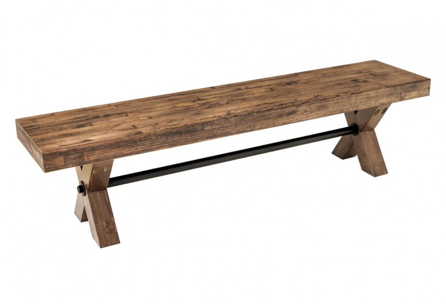 Vintage industriální obdélníková lavice Sawyer bez opěrek s nohama ve tvaru X s černou kovovou spojnicí z kombinace masivního a dýhovaného dřeva v tmavě hnědé barvě s černou patinou a rustikální povrchovou úpravou