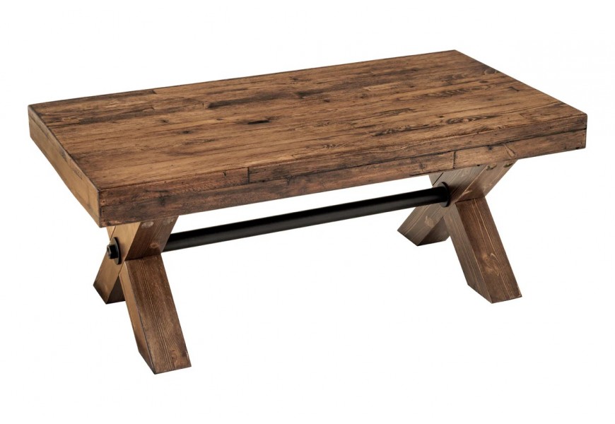 Masivní vintage konferenční stolek Sawyer s obdélníkovou vrchní deskou se dvěma nohama ve tvaru X s výraznou rustikální strukturou v tmavě hnědé barvě s kovovou spojnicí v černé barvě
