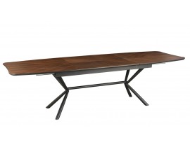 Art deco industri&aacute;ln&iacute; obd&eacute;ln&iacute;kov&yacute; rozkl&aacute;dac&iacute; j&iacute;deln&iacute; stůl Arkline s vrchn&iacute; deskou z d&yacute;hovan&eacute;ho ořechov&eacute;ho dřeva v tmavě hněd&eacute; barvě se &scaron;&iacute;pkov&yacute;m vzorem s podstavou z kovu v čern&eacute; barvě