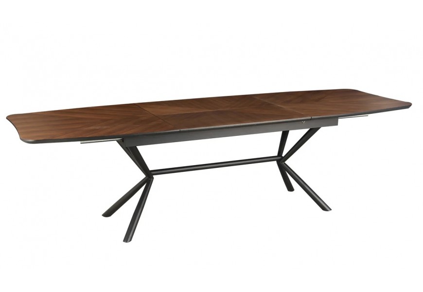 Art deco industriální obdélníkový rozkládací jídelní stůl Arkline s vrchní deskou z dýhovaného ořechového dřeva v tmavě hnědé barvě se šípkovým vzorem s podstavou z kovu v černé barvě