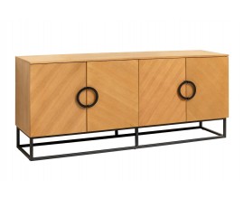 Modern&iacute; designov&yacute; obd&eacute;ln&iacute;kov&yacute; př&iacute;born&iacute;k se čtyřmi dv&iacute;řky s dekorativn&iacute; kresbou z dubov&eacute; d&yacute;hy s kulat&yacute;mi čern&yacute;mi &uacute;chyty z kovu s obd&eacute;ln&iacute;kovou podstavou