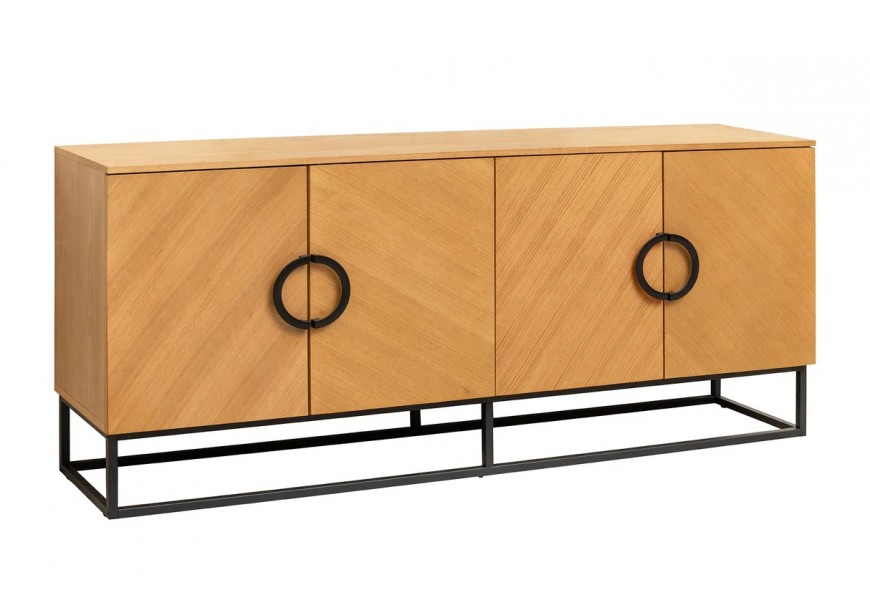 Moderní designový obdélníkový příborník se čtyřmi dvířky s dekorativní kresbou z dubové dýhy s kulatými černými úchyty z kovu s obdélníkovou podstavou