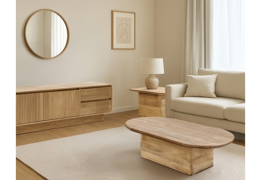 Luxusní masivní obývací sestava nábytku Riga z teakového dřeva ve světle hnědé barvě s oválným konferenčním stolkem a čtvercovým příručním stolkem s televizním stolkem s úložným prostorem a zaoblenými hranami