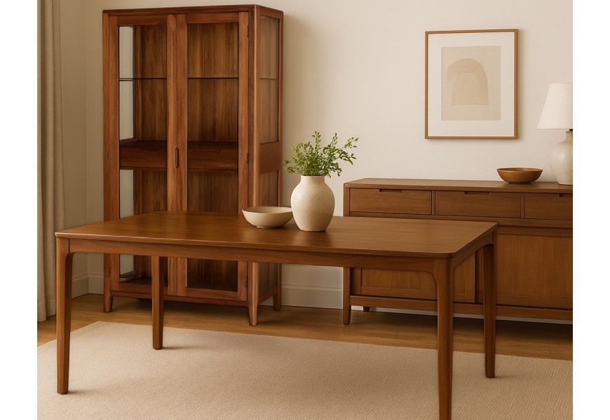 Luxusní masivní koloniální sestava nábytku do jídelny Liberia z mahagonového dřeva v teplé tmavě hnědé barvě s jemnou kresbou letokruhů s obdélníkovým rozkládacím jídelním stolem a dvoudveřovou prosklenou vitrínou a příborníkem s posuvnými dvířky