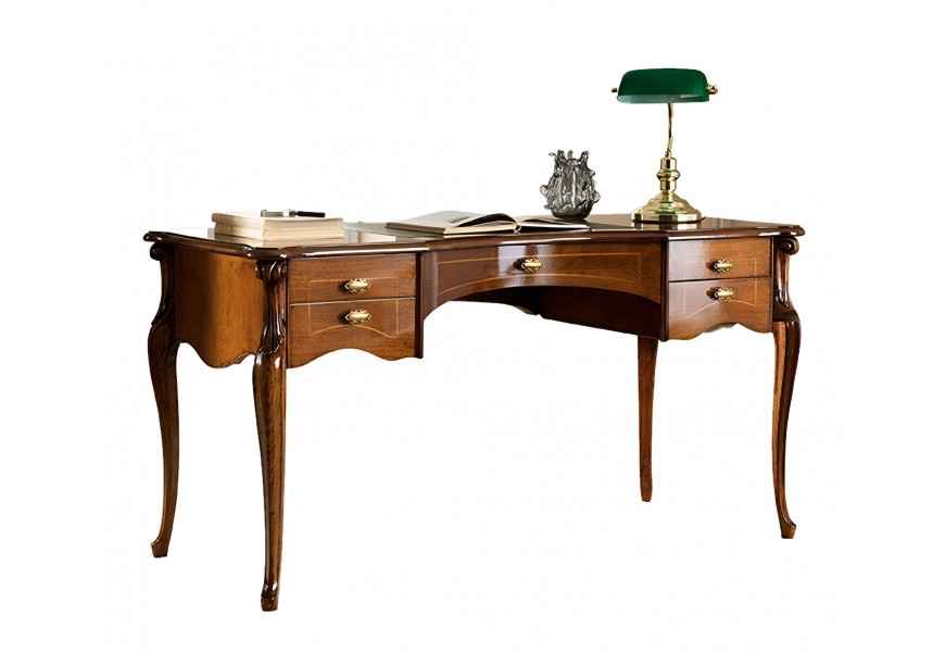 Rustik&aacute;ln&iacute; luxusn&iacute; psac&iacute; stůl Pasiones z masivn&iacute;ho dřeva a vyřez&aacute;van&yacute;mi nožičkami s pěti z&aacute;suvkami 150cm