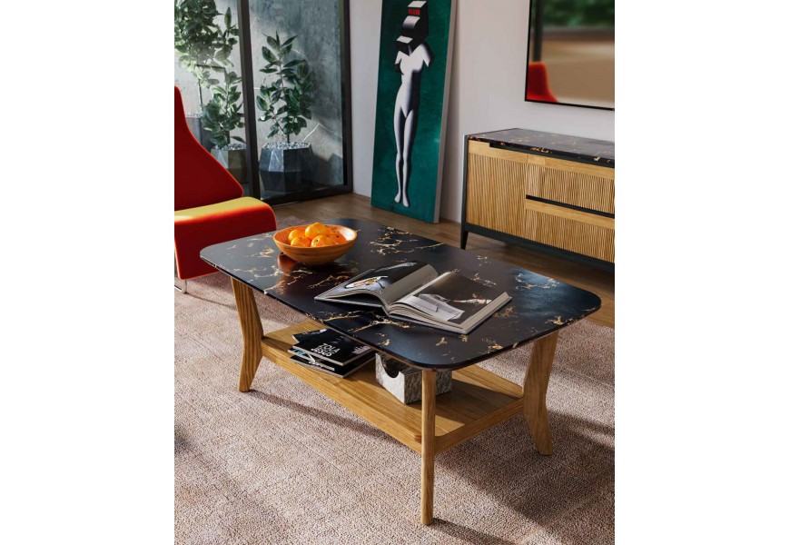 Luxusní konferenční stolek Tallin v moderním stylu z dubového dřeva v hnědé barvě s vrchní deskou s mramorovým designem v černé barvě se zlatými žilkami a policí