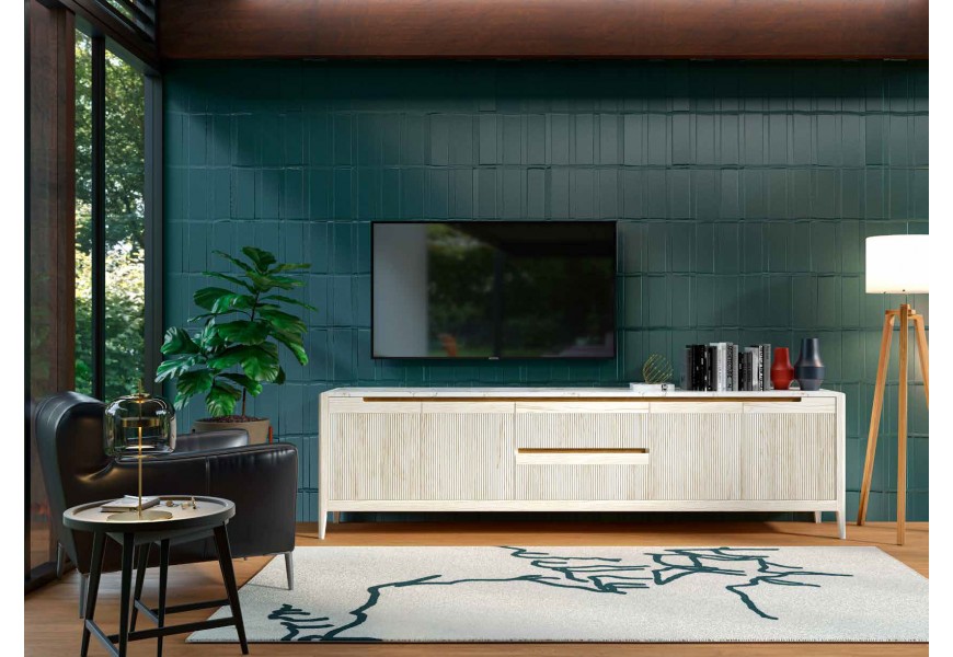 Luxusn&iacute; modern&iacute; čtyřdveřov&yacute; TV stolek Tallin s vroubkovan&yacute;m čelem s mramorovou deskou 231 cm