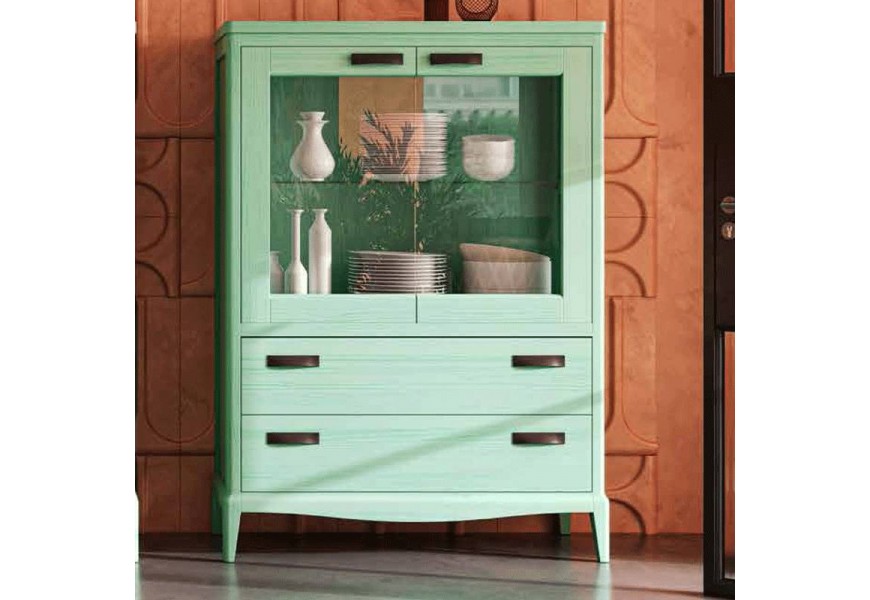 Luxusní příborník Quebec se dvěma skleněnými dvířky a dvěma šuplíky ve venkovském stylu z masivního dřeva v zelené barvě