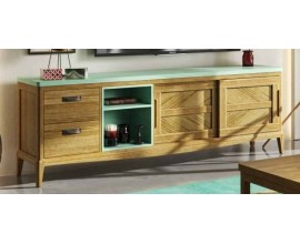 Luxusn&iacute; venkovsk&yacute; obd&eacute;ln&iacute;kov&yacute; TV stolek Quebec s posuvn&yacute;mi dv&iacute;řky a zelen&yacute;mi detaily 200 cm