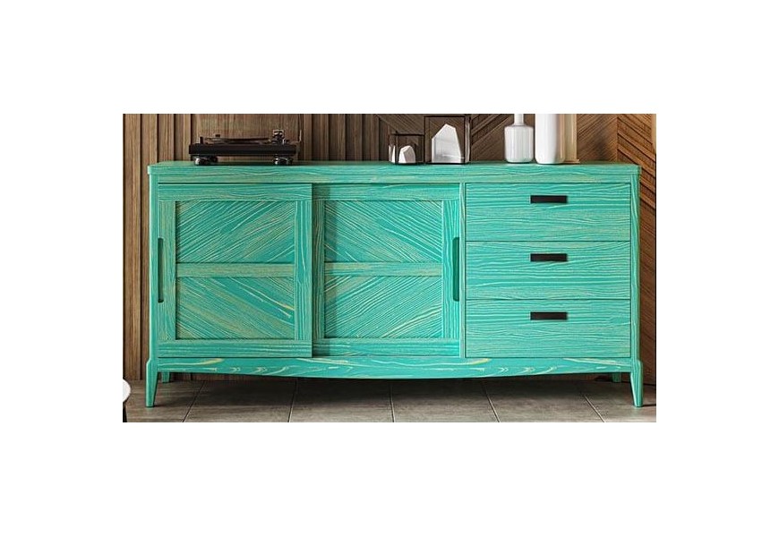 Luxusní obdélníkový příborník Quebec ve venkovském stylu v zelené barvě s výraznou dřevěnou strukturou z masivního dřeva se třemi zásuvkami a kovovými měděnými úchytkami