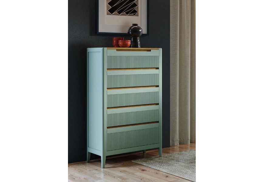 Luxusn&iacute; art deco obd&eacute;ln&iacute;kov&aacute; komoda Tallin s pěti z&aacute;suvkami a vroubkovan&yacute;m designem 127 cm