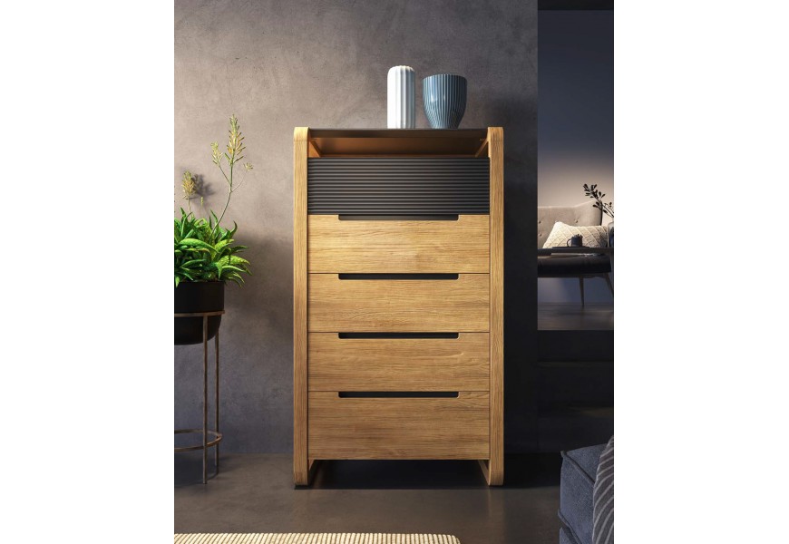 Luxusní art deco komoda Berna s pěti zásuvkami včetně horní zásuvky s horizontálním vroubkováním s policí a tenkou mramorovou deskou s oblýma bočníma nohama z ohýbaných desek