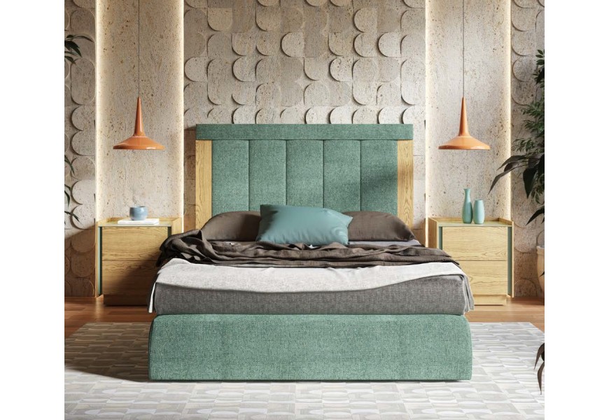 Luxusní čalouněná manželská postel Praga s dřevěným rámem a prošívaným čelem v zelené barvě s bočními hnědými panely
