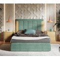 Luxusní čalouněná manželská postel Praga s dřevěným rámem a prošívaným čelem v zelené barvě s bočními hnědými panely