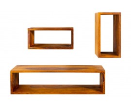 Venkovsk&yacute; set tř&iacute; z&aacute;věsn&yacute;ch polic Hemingway v obd&eacute;ln&iacute;kov&eacute;m tvaru v hněd&eacute; barvě s lakovan&yacute;m povrchem z masivn&iacute;ho sheeshamov&eacute;ho dřeva