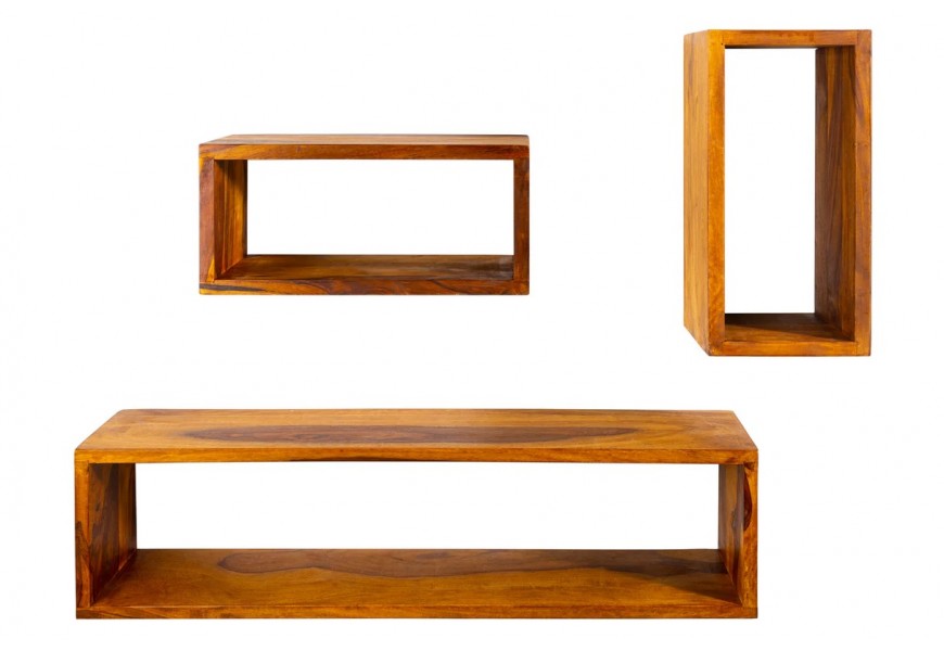 Venkovský set tří závěsných polic Hemingway v obdélníkovém tvaru v hnědé barvě s lakovaným povrchem z masivního sheeshamového dřeva