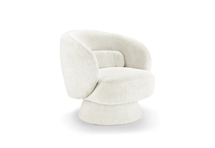 Stylové otočné moderní křeslo Elain v kulatém tvaru s bouclé bílým potahem s podstavou ve tvaru seříznutého kužele