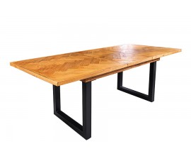 Modern&iacute; obd&eacute;ln&iacute;kov&yacute; rozkl&aacute;dac&iacute; j&iacute;deln&iacute; stůl Perry v hněd&eacute; barvě s lakovan&yacute;m povrchem s parketov&yacute;m ryb&iacute;m vzorem z recyklovan&eacute;ho dřeva s mohutn&yacute;mi čern&yacute;mi nožičkami z kovu