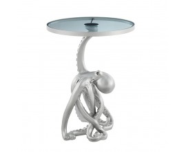 Glamour kulat&yacute; př&iacute;ručn&iacute; stolek Tierra Glam se stř&iacute;brnou kovovou podstavou v podobě chobotnice se skleněnou deskou 53 cm