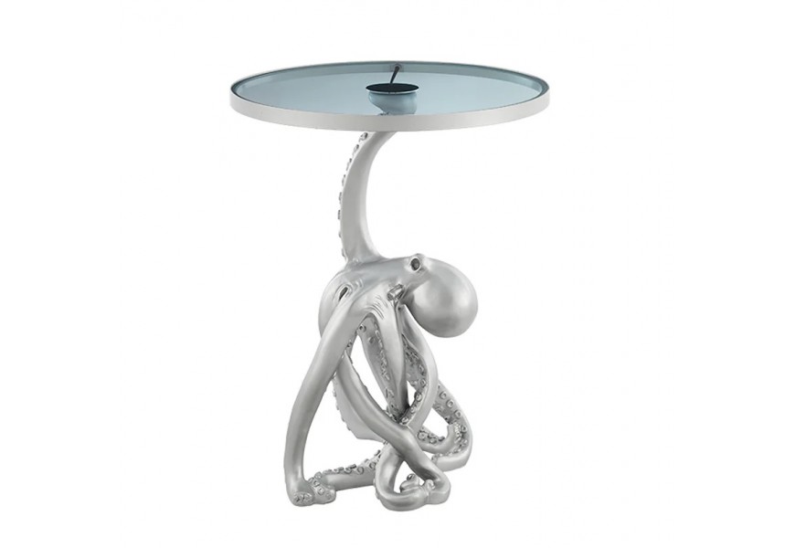 Glamour příruční stolek Tierra Glam v kulatém tvaru se skleněnou průhlednou deskou v šedém odstínu s led svítidlem s kovovou stříbrnou nohou v podobě chobotnice