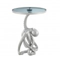 Glamour příruční stolek Tierra Glam v kulatém tvaru se skleněnou průhlednou deskou v šedém odstínu s led svítidlem s kovovou stříbrnou nohou v podobě chobotnice