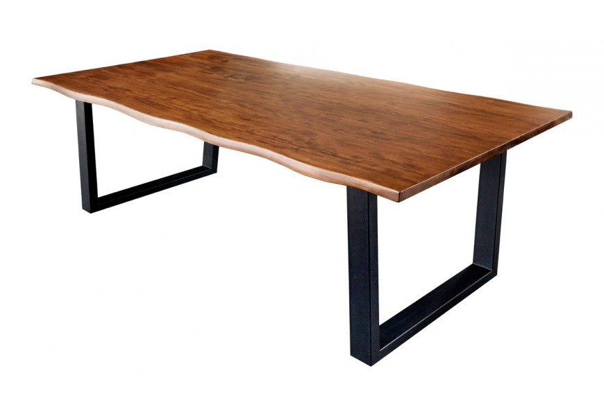 Industriální jídelní stůl Maron Miel v hnědé barvě z masivního akáciového dřeva s mohutnými kovovými nožičkami v černé barvě
