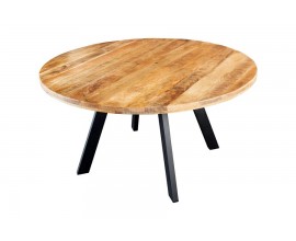 Industri&aacute;ln&iacute; j&iacute;deln&iacute; stůl Steele Craft v kulat&eacute;m tvaru z masivn&iacute;ho mangov&eacute;ho dřeva v hněd&eacute; barvě s černou kovovou podnož&iacute;