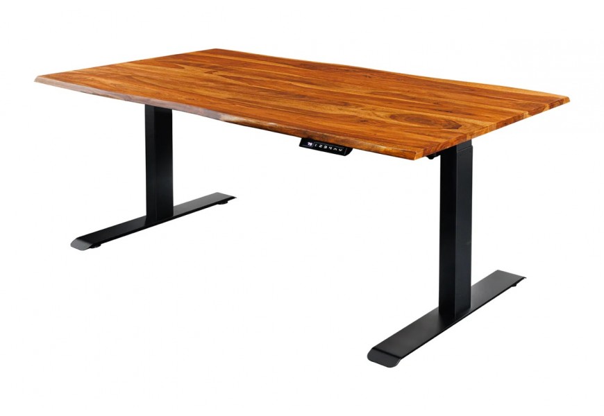 Industriální psací stůl Mammut s výškově nastavitelným mechanismem z masivního akáciového dřeva v hnědé barvě s černou kovovou konstrukcí